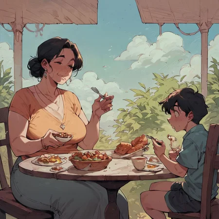 score_9,score_8_up,score_7_up,score_6_up, 1girl, 1boy, eating supper, woman and boy sitting, ((Mother, Son)), milf, wide hips, big ass, whole table view.