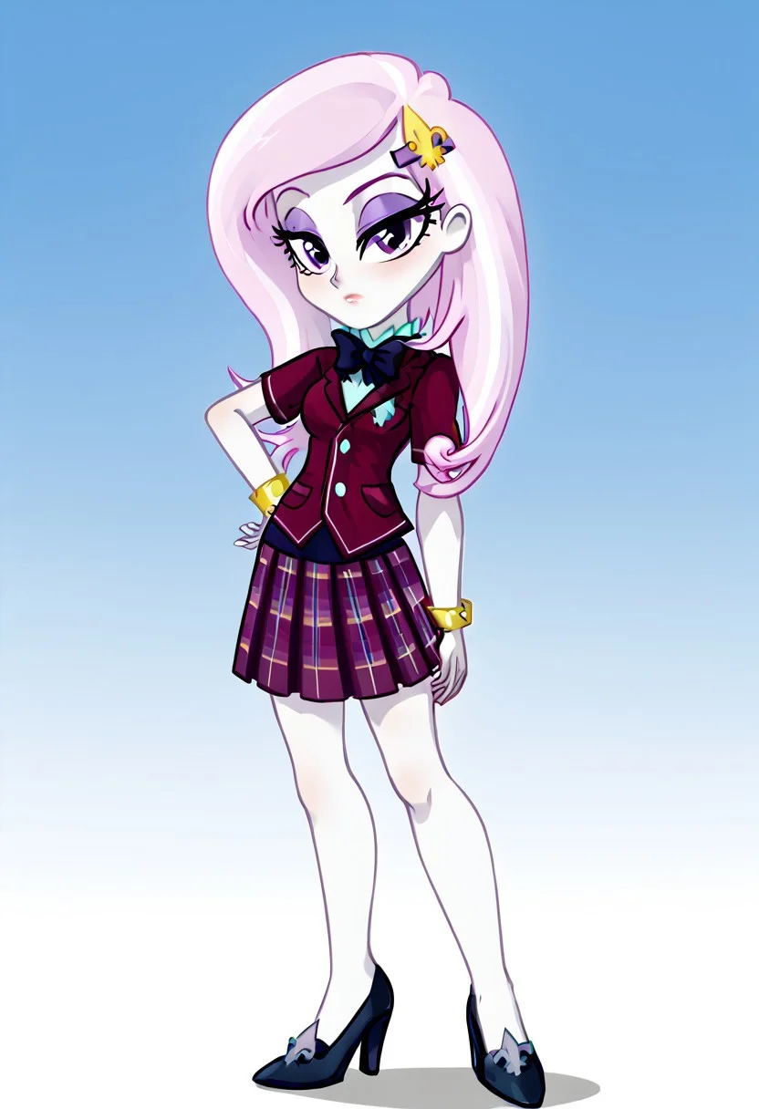 (High Resolution), (More Details), (8K), (High Resolution), NEGATIVE_HANDS, Fleur-de-lis, Equestria girls, 1 girl, alone, bare breasts, blouse, bow tie, bracelet, clothing, Crystal Prep Academy, Crystal Prep Shadowbolts, eyeshadow, female, fleur-de-lis outfits, short sleeves, makeup, plaid skirt, pleated skirt, skirt, high heels , Full body, Standing, Sexy and sensual, beautiful, beauty, attractive, toned all over the body, Posing sexy and sensual, Seductive and sensual look, Posing