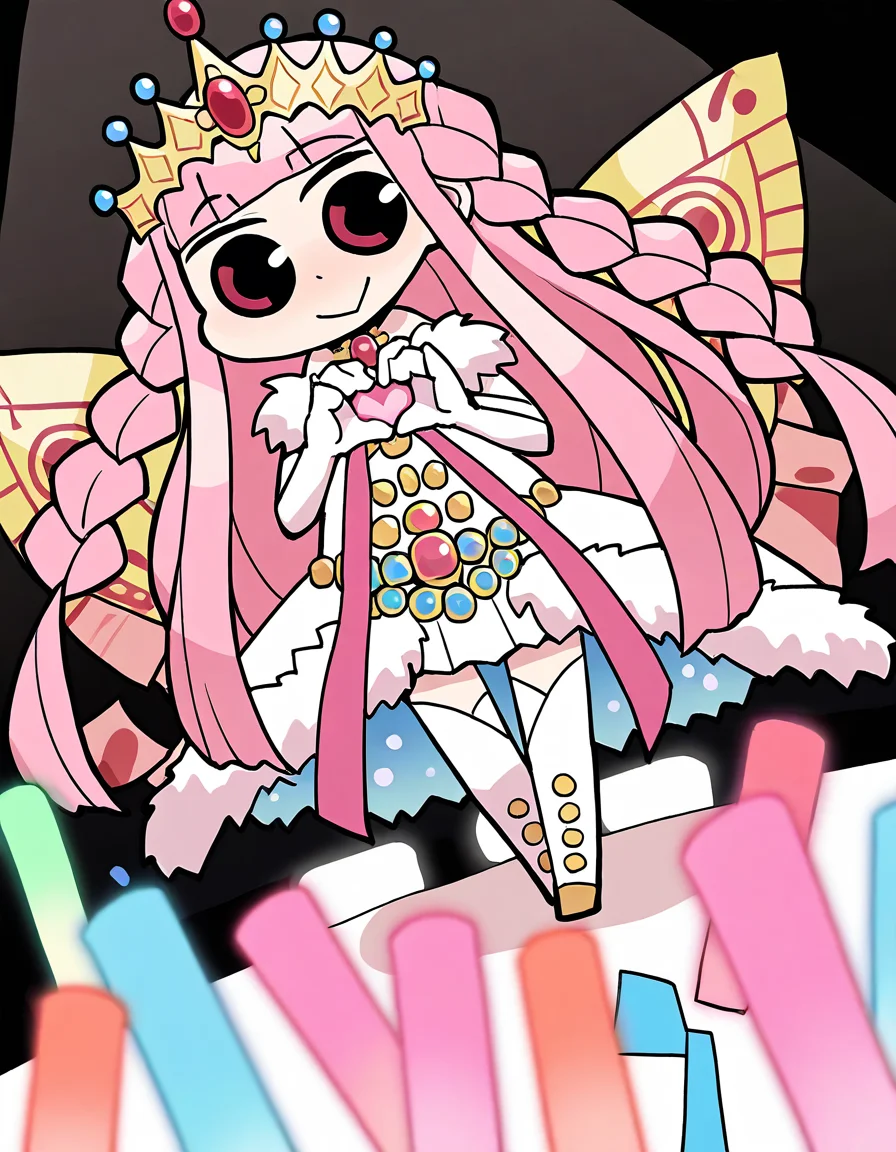 masterpiece, best quality, newest, absurdres, highres, safe, 1girl, infinite iroha, magia record: mahou shoujo madoka magica gaiden, papa \(shimeguru\), wings, solo, heart hands, stage, glowstick, dutch angle, <lora:tamaki_iroha_noobaiXLNAIXL_vPred10Version:0.7>