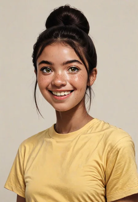 score_9, score_8_up
BREAK
1girl, (dark skin:0.4), prettyface, Manic Pixie, dark hair, hairbun, freckles, cute smile, yellow t-shirt, friendly, seductive, (girl next door:1.5), teeth visible
BREAK
FOV medium shot, simple background