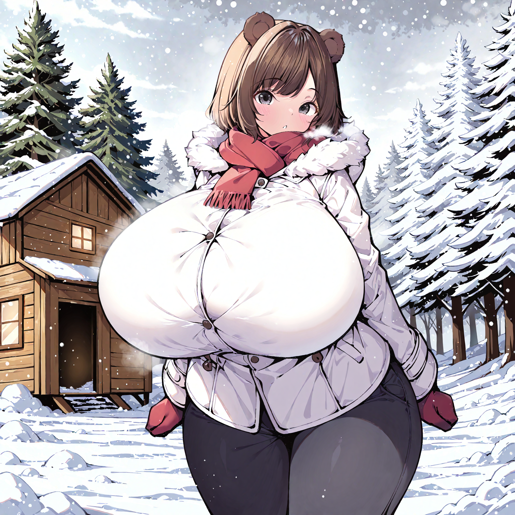 (masterpiece), best quality, (highly detailed), 1female, solo, <lora:sao73cat_style_Illustrious_r1:0.8>, bear ears, brown hair, black eyes, gigantic breasts, wide hips, white winter coat, pants, fitting clothes, forest, snow, cabin, red scarf, looking at viewer, blank expression,