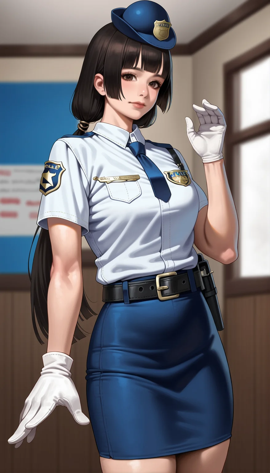 score_9,score_8_up,score_7_up,
<lora:naotoraii:1>,naotora ii,realistic,1girl,solo,
police uniform,white shirt,short sleeves,deep blue skirt,black belt,deep blue necktie,white gloves,black hair,blunt bangs,long hair,low twintails,police hat,golden scrunchie,brown eyes,looking at viewer,closed mouth,
indoors,blue sky,vignetting,blurry background,
portrait,