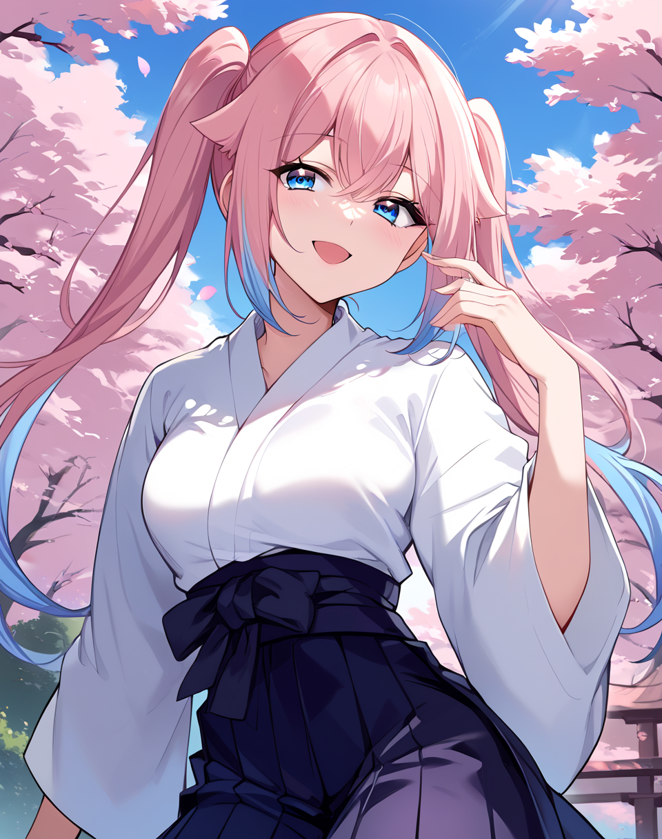 wu yaoyao, pink hair, long hair, blue eyes, japanese clothes, twintails, blue gradient hair, hakama, hakama skirt, white japanese top, hair flaps  BREAK outdoors, park, cherry blossom trees  BREAK looking at viewer, sexy face, sexy smile, open mouth, cowboy shot, BREAK score_9, score_8_up, score_7_up, source_anime ,zPDXL, perfect hand, <lora:Wu_Yaoyao:0.8>