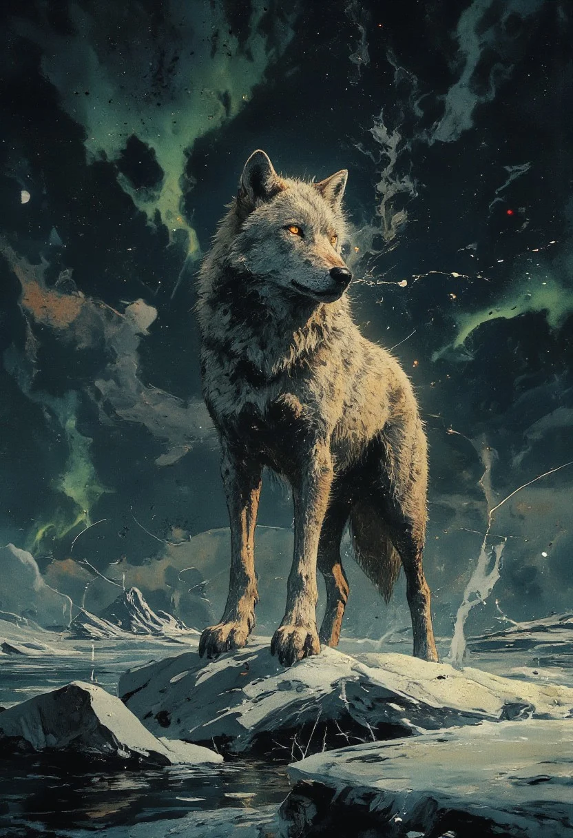 **A regal Arctic wolf, its keen amber eyes glowing like molten gold, stands poised atop a glassy expanse of frozen lake. The ice beneath its paws fractures into delicate, feather-like cracks that spiral outward, capturing the stillness of a subzero night. Moonlight bathes the wolf’s thick, frost-dusted fur in a silvery sheen, each strand shimmering as if dusted with crushed diamonds. Its breath curls into wispy plumes that dissolve into the crisp air, adding depth to the scene’s ethereal chill. Behind the wolf, the horizon melts into a dusky indigo sky, streaked with faint, ghostly ribbons of aurora borealis in muted greens and violets. The composition is stark yet dynamic, balancing the wolf’s powerful stance with the fragile beauty of the ice, all rendered in a monochromatic palette punctuated by the wolf’s fiery gaze—a silent sentinel in an endless, frozen realm.**