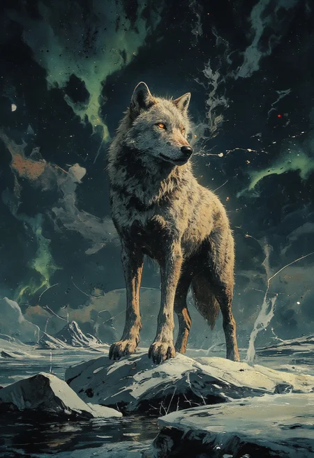 **A regal Arctic wolf, its keen amber eyes glowing like molten gold, stands poised atop a glassy expanse of frozen lake. The ice beneath its paws fractures into delicate, feather-like cracks that spiral outward, capturing the stillness of a subzero night. Moonlight bathes the wolf’s thick, frost-dusted fur in a silvery sheen, each strand shimmering as if dusted with crushed diamonds. Its breath curls into wispy plumes that dissolve into the crisp air, adding depth to the scene’s ethereal chill. Behind the wolf, the horizon melts into a dusky indigo sky, streaked with faint, ghostly ribbons of aurora borealis in muted greens and violets. The composition is stark yet dynamic, balancing the wolf’s powerful stance with the fragile beauty of the ice, all rendered in a monochromatic palette punctuated by the wolf’s fiery gaze—a silent sentinel in an endless, frozen realm.**