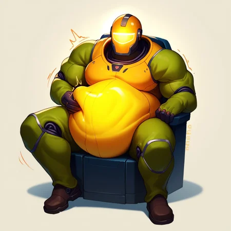 score_9, score_8_up, score_7_up, by dramamine, solo, male focus, full body, a male orc in a futuristic, sitts cramped inside escape pod cockpit, wearing a tight space skinsuit, digital helmet with emoji eyes displayed, orc slapping his large belly, relaxed and satisfied expression, sci-fi interior, glowing dim lights, detailed metallic walls, futuristic technology, wires and controls surrounding the pod, escape pod scene, bulky orc, humorous and casual mood, the orc slightly off-center, balanced composition, emphasizing the glowing helmet, belly slap, and the tight skinsuit details, realistic lighting and reflections, immersive sci-fi atmosphere