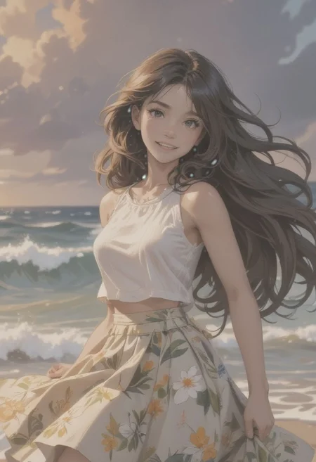 a beautiful (((black haired girl,))) very long messy hair, beautiful detailed deep brown eyes, (((brown skin))), tan skin, (hawaiian), cute and beautiful face, relaxed smile, medium breasts, hawaiian clothes, tropical print cropped white cotton crop top, sleeveless, off shoulder strapless top, knee length grass skirt, barefoot, toned midriff, white tropical flower in her hair, brown rope bracelet, yellow flower lei, full body view, colorful,
(masterpiece:1.2), (best quality:1.2), ultra-detailed, best shadow, detailed background, high contrast, (best illumination, an extremely delicate and beautiful), ((cinematic light)), hyper detail, dramatic light, intricate details, 8k, anime, very aesthetic,dancing in the water, beautiful hawaiian beach, sparkling blue ocean, gentle waves, white sand, fluffy clouds in the sky, sunset, summer season, flower petals blowing in the wind, ocean in the background, breezy weather, natural lighting, vivid colors, skirt blowing in the wind, hair blowing in the wind, hawaiian beauty, beautiful smile, happy, blush, outdoors