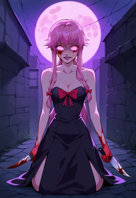 score_9, score_8_up, score_7_up, score_6_up, <lora:st4t1ctvXLP:1> st4t1ctv, chromatic aberration, dark purple theme, red vignette, 1girl, yuno gasai, long hair, pink eyes, glowing eyes, pink hair, moan, blood on face, blood on hands, low twintails, bare shoulders, black dress, bow, cleavage, collarbone, dress, hair bow, yandere trance, outdoors, dark alley way, night, moon, concept art, realistic, dark theme, low light, dark night, cinematic lighting, (holding knife, stabbing corpse on ground, from behind, from back, scary, killing, kill man, kneeling, dynamic pose)