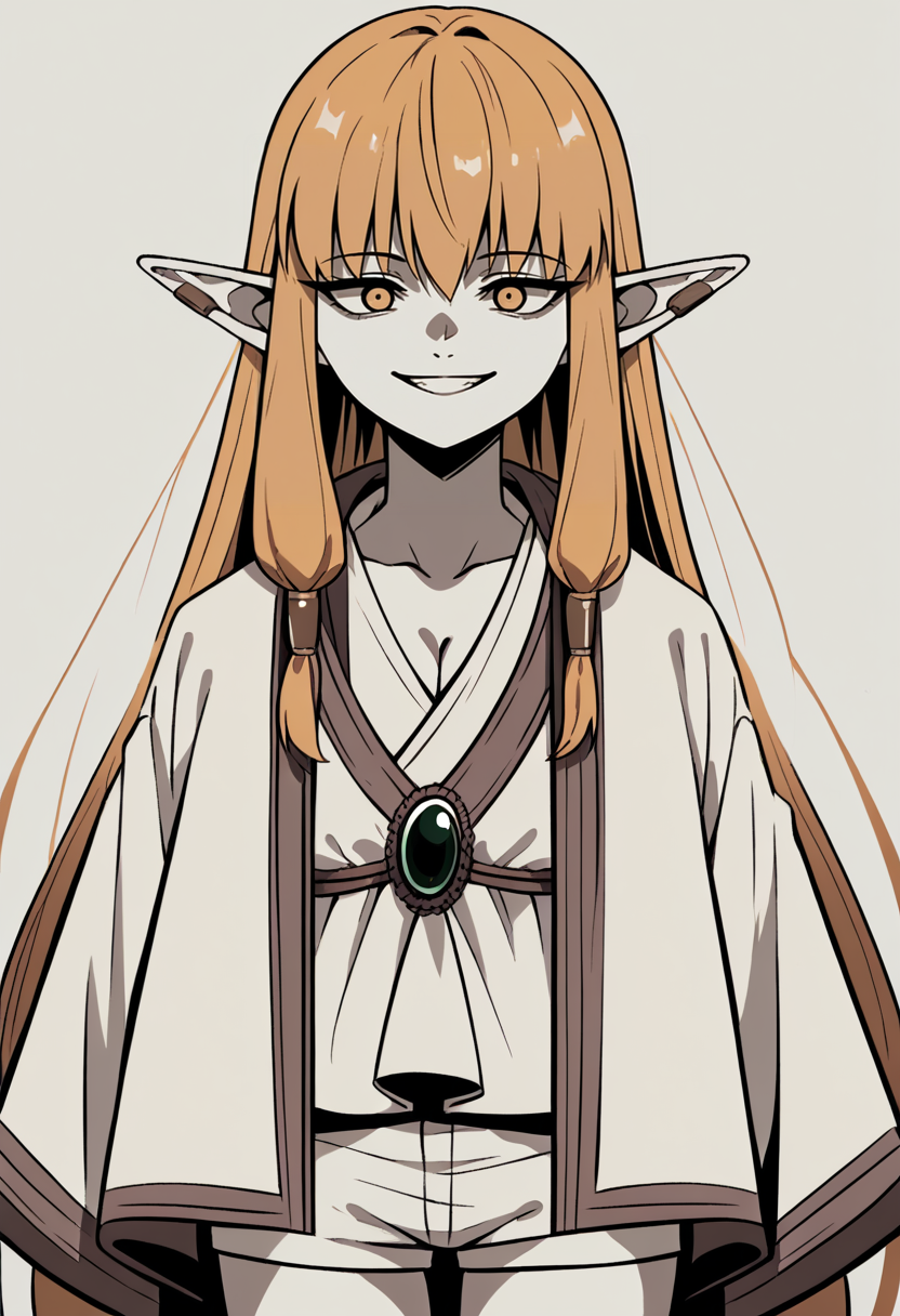 score_9, score_8_up, source_anime, 1girl, solo, Serie, long hair, hair tubes, ear bar, white dress, short dress, cleavage, green brooch, white robe, short robe, white shorts, evil smile, blur, sketch, simple background, line art, flat color, limited palette, muted color, spot color, greyscale, <lora:Traditional_art_v4_USENEG:-1>, <lora:ChamSeriePonyXL:1>