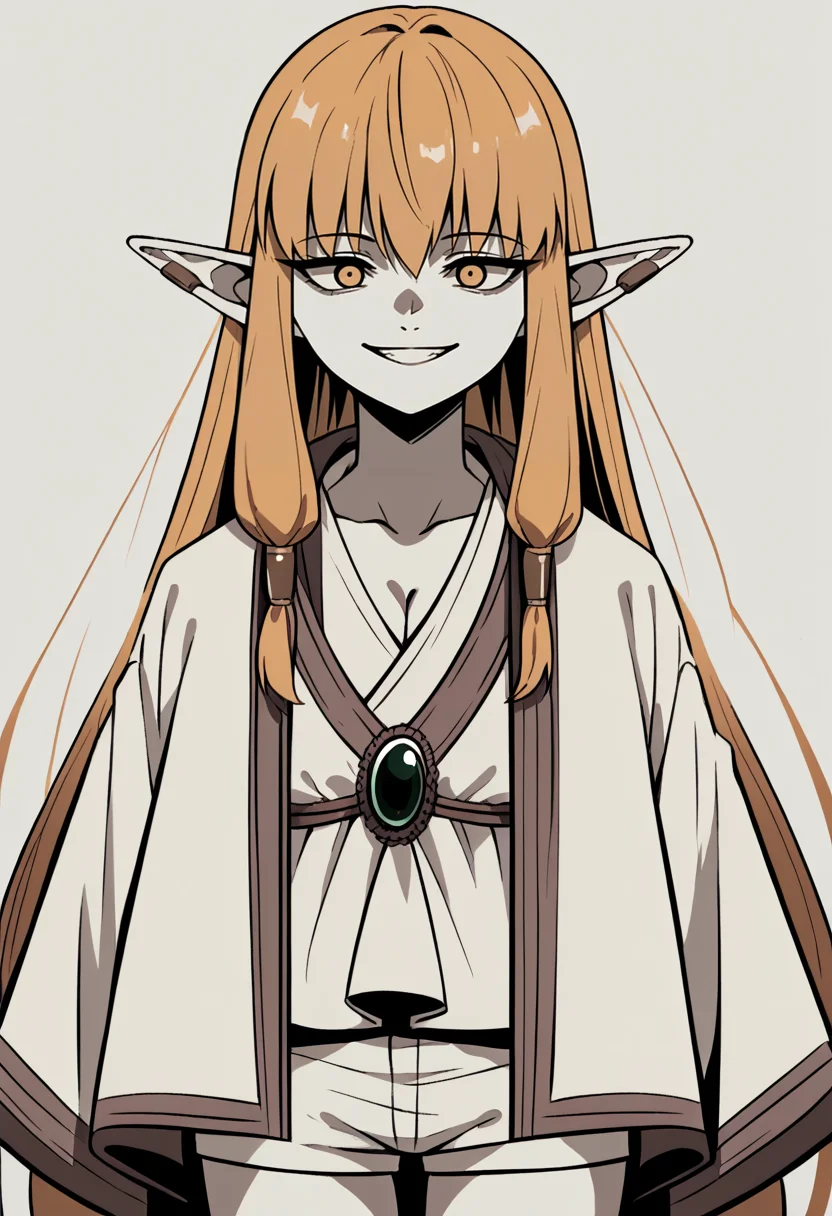 score_9, score_8_up, source_anime, 1girl, solo, Serie, long hair, hair tubes, ear bar, white dress, short dress, cleavage, green brooch, white robe, short robe, white shorts, evil smile, blur, sketch, simple background, line art, flat color, limited palette, muted color, spot color, greyscale, <lora:Traditional_art_v4_USENEG:-1>, <lora:ChamSeriePonyXL:1>
