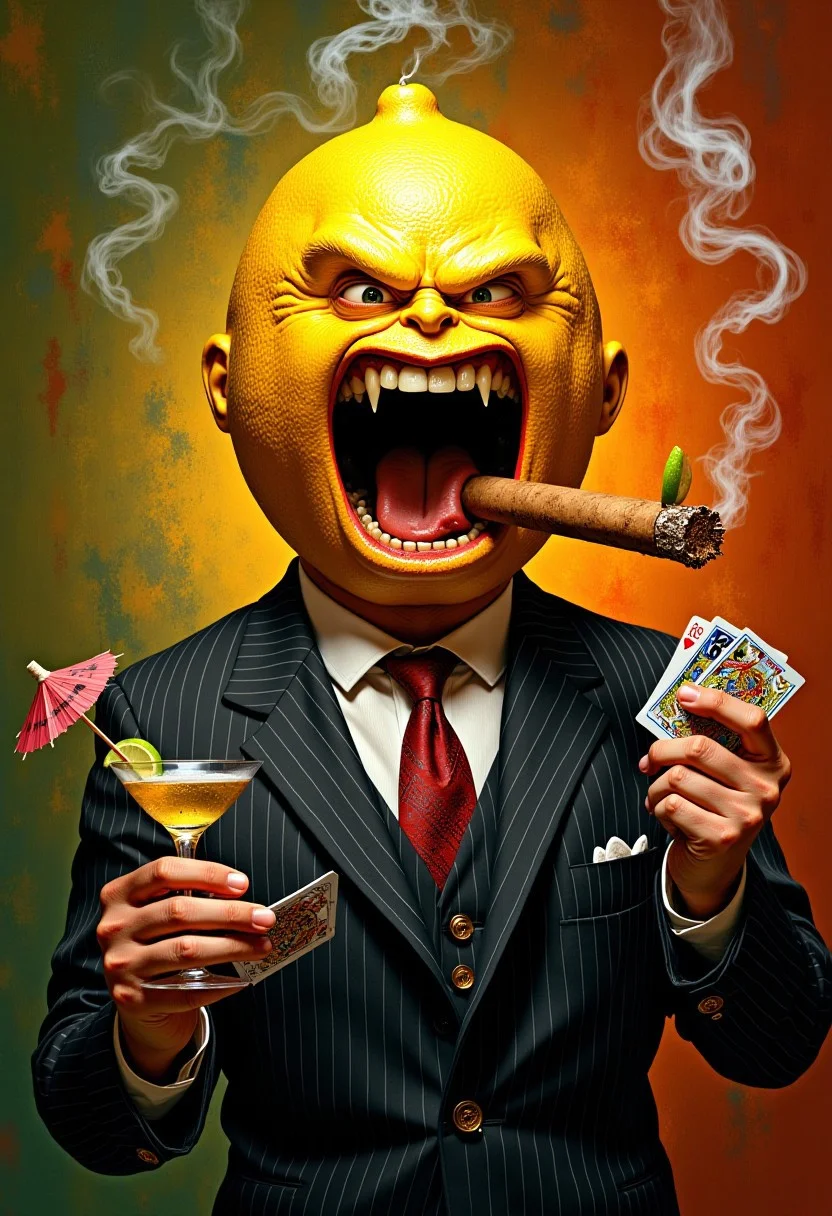 Surreal portrait of a man, but his head is a large, textured lemon with an exaggerated, wide, angry mouth. He’s biting down on a thick, smoldering cigar, the tip glowing fiercely with red and orange embers, casting an ominous light on his lemony skin. Smoke curls dramatically around him, forming abstract shapes in the air. His suit is a sharp pinstripe, but his tie is comically skewed. In one hand, he’s holding a martini glass with a tiny umbrella and a wedge of lime, and in the other, a deck of playing cards mid-shuffle. The background is a vibrant swirl of oranges, yellows, and greens, adding to the absurd, chaotic energy.