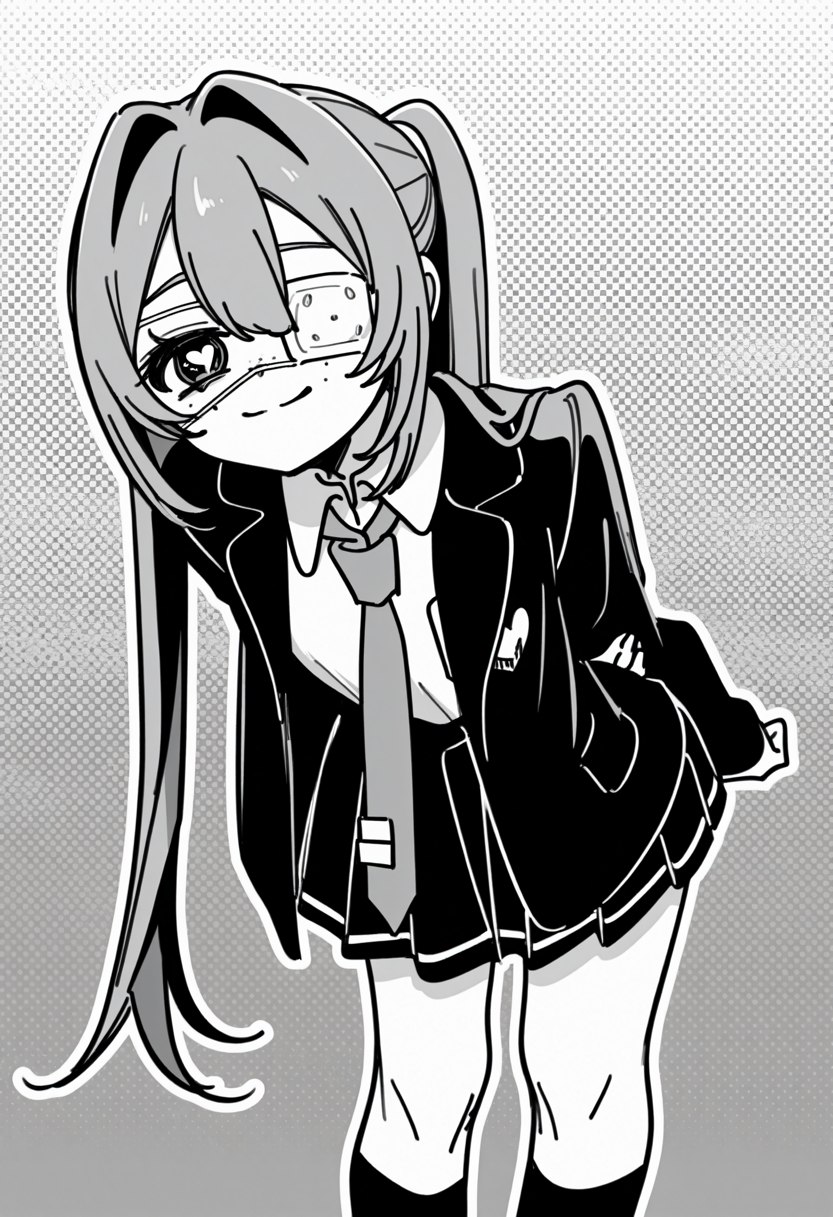 1girl, solo, hatsune miku, hmmonitoring, very long hair, twintails, bangs, hair between eyes, medical eyepatch, freckles, school uniform, collared shirt, necktie, jacket, open jacket, long sleeves, pleated skirt,standing, closed mouth, monochrome, sidelocks, heart, greyscale, symbol-shaped pupils, feet out of frame, kneehighs, leaning forward, hair intakes, heart-shaped pupils, arms behind back, blazer, outline, halftone, holding own arm, hand on own arm, medical eyepatch, naughty face, 
abstract background,
rating safe, akita,
masterpiece, best quality, amazing quality, highres, newest,  <lora:akita:1.0> <lora:Hatsune_Miku_Monitoring:1.0>