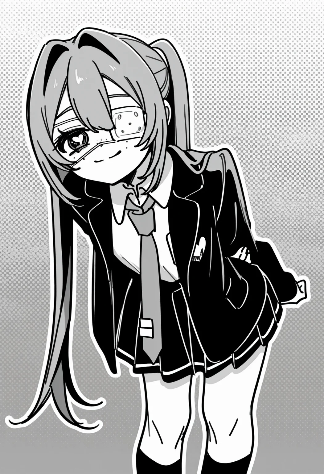 1girl, solo, hatsune miku, hmmonitoring, very long hair, twintails, bangs, hair between eyes, medical eyepatch, freckles, school uniform, collared shirt, necktie, jacket, open jacket, long sleeves, pleated skirt,standing, closed mouth, monochrome, sidelocks, heart, greyscale, symbol-shaped pupils, feet out of frame, kneehighs, leaning forward, hair intakes, heart-shaped pupils, arms behind back, blazer, outline, halftone, holding own arm, hand on own arm, medical eyepatch, naughty face,
abstract background,
rating safe, akita,
masterpiece, best quality, amazing quality, highres, newest, <lora:akita:1.0> <lora:Hatsune_Miku_Monitoring:1.0>