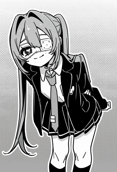 1girl, solo, hatsune miku, hmmonitoring, very long hair, twintails, bangs, hair between eyes, medical eyepatch, freckles, school uniform, collared shirt, necktie, jacket, open jacket, long sleeves, pleated skirt,standing, closed mouth, monochrome, sidelocks, heart, greyscale, symbol-shaped pupils, feet out of frame, kneehighs, leaning forward, hair intakes, heart-shaped pupils, arms behind back, blazer, outline, halftone, holding own arm, hand on own arm, medical eyepatch, naughty face,
abstract background,
rating safe, akita,
masterpiece, best quality, amazing quality, highres, newest, <lora:akita:1.0> <lora:Hatsune_Miku_Monitoring:1.0>