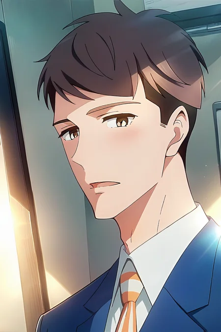 (score_9, score_8_up, score_7_up), (source anime, best quality, best aesthetic, perfect anatomy), 1boy, kentaro momose, male_focus, handsome detailed face, black eyes, black jacket, blue jacket, collared shirt, slim body, skinny, orange necktie, solo, modern office, portrait, <lora:Kentaro Momose_PDXL:0.85>, ((Talking, Hopeful)), <lora:aesthetic_anime_v1s:0.8>