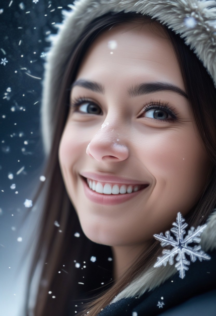 Closeup of a beautiful girl's face. The girl is smiling. She is looking sideways at the viewer. Multiple snowflakes are falling around her, each a different shape. snowflake