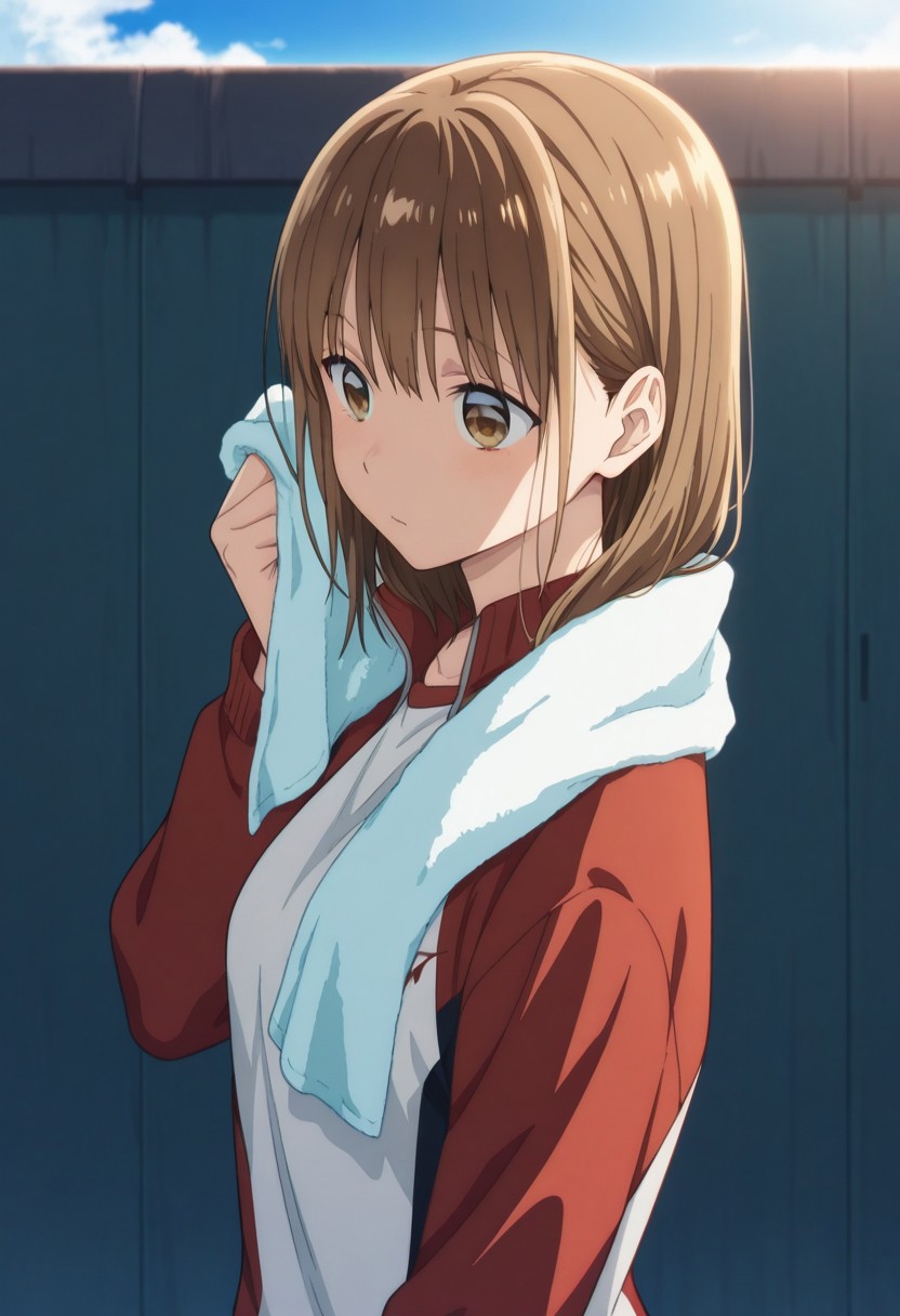 masterpiece,best quality,amazing quality, 
chinatsu, 1girl, solo, brown eyes, brown hair, bangs, track jacket, track pants, towel around neck, 
outdoor, sky, day, upper body,