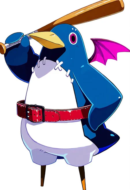 (masterpiece ,best quality, ultra detailed, highres, absurdres:1.2),  Prinny, solo, full body, wings, belt, no humans, bird, bat wings, animal focus, penguin, prinny, holding baseball bat, (baseball bat with nails:1), smile, looking at viewer,   ,