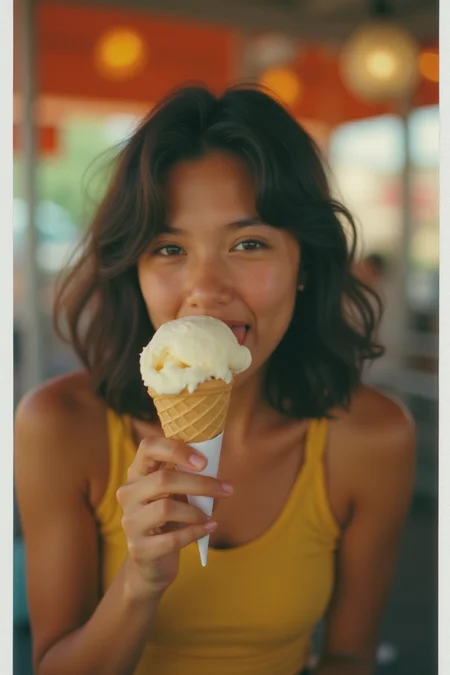 High resolution, high Quality, Polaroid photo of a girl licking ice cream, depth of field, cinematic lighting