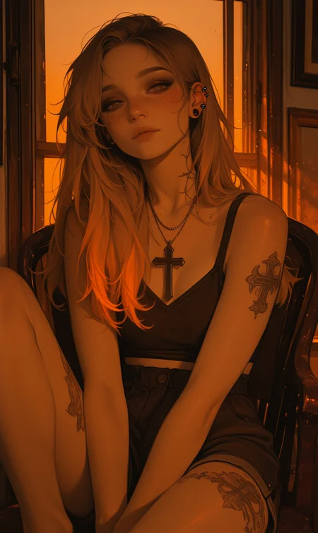 girl sitting on chair by window, solo, (long hair:1.3), (freckles:1.2), (leg tattoo:1.3), (necklace:1.2), (cross necklace:1.2), (piercing:1.2), jewelry, pale skin, (open legs:1.1), (looking at viewer:1.2), (ear piercing:1.2), tattoo, shorts, semi-realism, soft lighting, cinematic, moody, volumetric light, ambient shadows, (warm color tones:1.3), detailed background, painterly style
art by (Loish), digital painting, oil brushwork, concept art, illustration, 