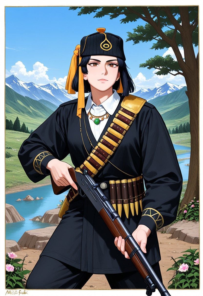 Pashlik hat
Pontic greek traditional clothes,black long sleeves,black pant, jewelry, necklace, weapon,Slanted bandolier, white collared shirt,beanie, cowboy shot, Mist, trees, tea plantation, conifers, blue sky, white clouds, steep rocks, river, valley,Crouching, holding a rifle, a tough expression, a soldier, a golden sun, mountains, flowers, soil, thorns