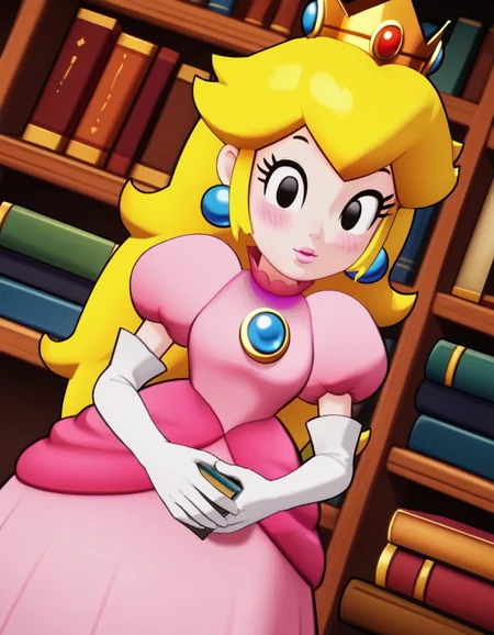 score_9, score_8_up, score_7_up, source_anime, <lora:princess-peach-brothership-ponyxl-lora-nochekaiser:1>, princess peach, blonde hair, black eyes, long hair,, crown, dress, gem, gloves, pink dress, puffy short sleeves, puffy sleeves, short sleeves, white gloves,, library, books, shelves, reading, quiet, , hands on stomach, blush,, looking at viewer, solo,, dutch angle, cowboy shot
