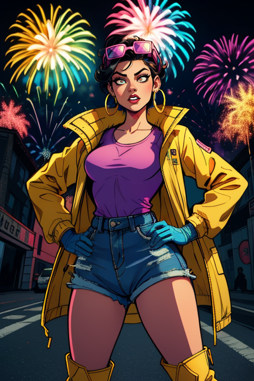 jubilee,short black hair,brown eyes, solo, standing, hands on hips, upper body,   short hair, 
jubJak, denim shorts , open yellow jacket, purple shades on head, hoop earrings ,blue gloves, pink shirt, blue boots, 
streets,  fireworks, retro, 
 (insanely detailed, beautiful detailed face, masterpiece, beautiful detailed eyes, best quality) 
 <lora:jubilee-10v3:0.7>