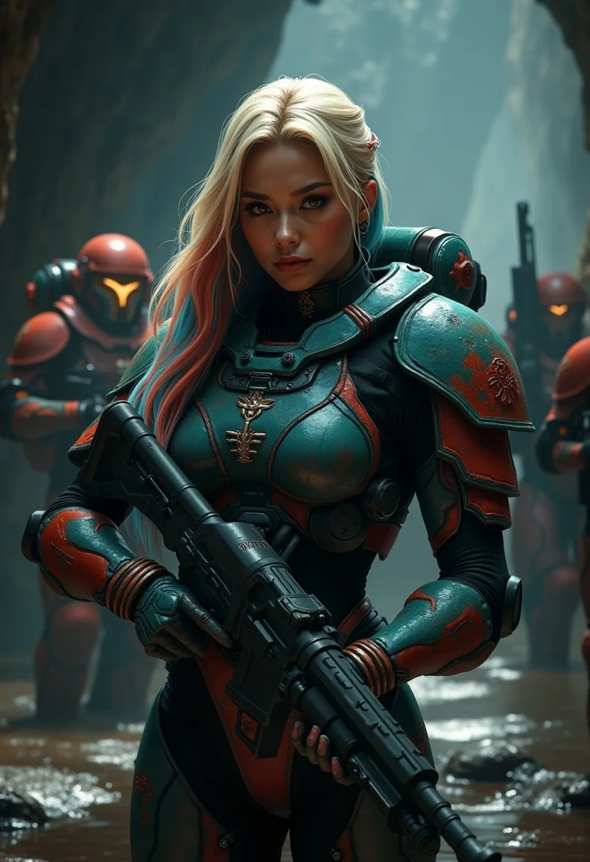 A female oriental space marine in teal and red power armour, long multicoloured loose hair (blonde with blue and red highlights), holding a large Plasma gun in a damp cave, other armed space marines behind her, realistic textures, ultra-high definition, photorealistic, highly detailed, dramatic lighting, sharp focus, cinematic, hyperrealism, dark and mysterious atmosphere, great lighting