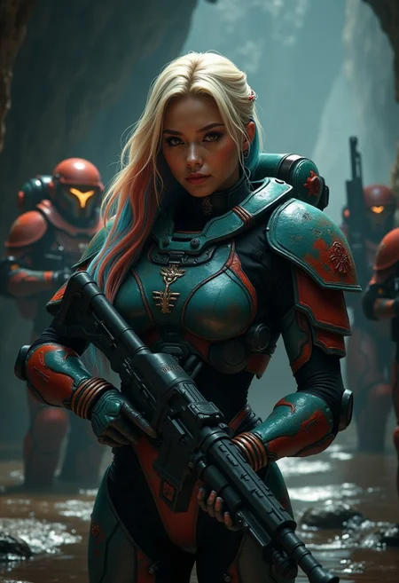 A female oriental  space marine in teal and red power armour, long multicoloured loose hair (blonde with blue and red highlights), holding a large Plasma gun in a damp cave, other armed space marines behind her, realistic textures, ultra-high definition, photorealistic, highly detailed, dramatic lighting, sharp focus, cinematic, hyperrealism, dark and mysterious atmosphere, great lighting