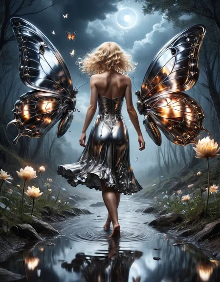 A charming 26 yo German curly blonde stands on an ephemeral stream surface BREAK fierce flowers, chaotic fireflies, flickering butterflies, particles clouds, broken reflections, shifted reality, elemental rage, magic tornado BREAK heartbreaking fantasy art, mind-blowing painting, unreal night scenery, made out of ral-polishedsteel <lora:ral-polishedsteel:1>