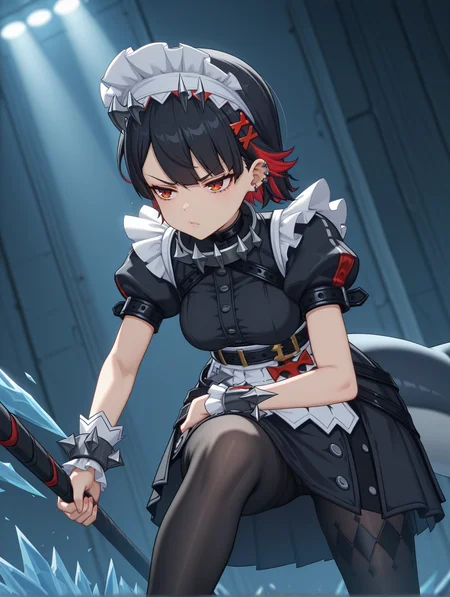 <lora:zzz-v6-illustrious:0.8>
ellen, black hair, ear piercing, hairclip, spiked collar, maid headdress, black dress, puffy short sleeves, maid apron, wrist cuffs, pantyhose, shark tail, 1girl, solo, annoyed, bored, intense, ice, weapon, battle,
masterpiece, best quality, cinematic lighting