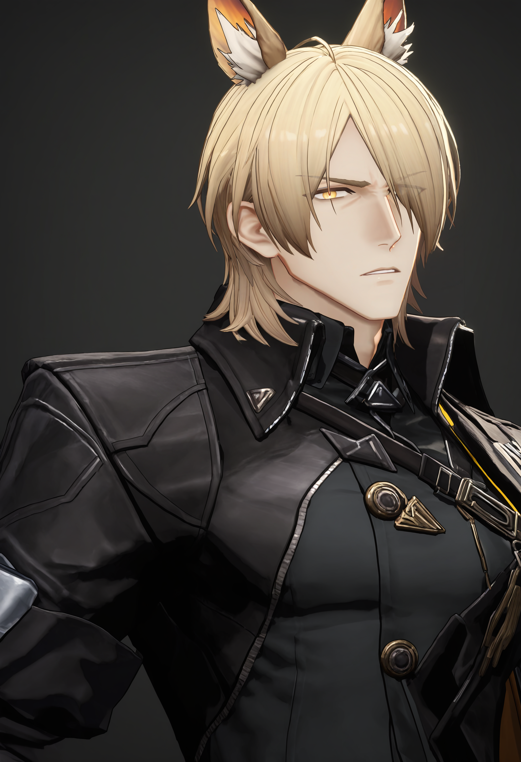 mlynar (arknights),1boy, animal ear fluff, animal ears, artist name, black background, black shirt, blonde hair, collared shirt, eyes visible through hair, frown, hair over one eye, looking at viewer, male focus, parted lips, shirt, short hair, simple background, solo, staring, yellow eyes,endfieldstyle,3D,<lora:endfieldstyleV2-000008:0.85>,