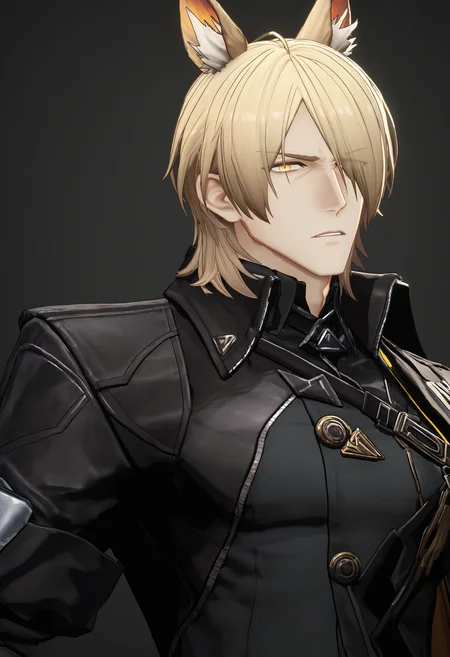 mlynar (arknights),1boy, animal ear fluff, animal ears, artist name, black background, black shirt, blonde hair, collared shirt, eyes visible through hair, frown, hair over one eye, looking at viewer, male focus, parted lips, shirt, short hair, simple background, solo, staring, yellow eyes,endfieldstyle,3D,<lora:endfieldstyleV2-000008:0.85>,