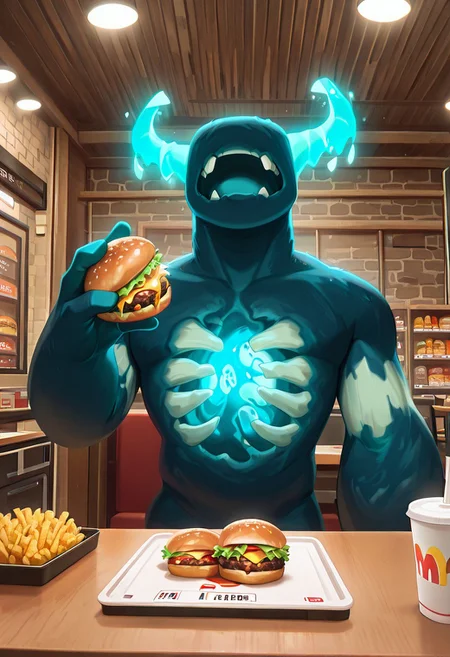 masterpiece, best quality, amazing quality, very aesthetic, absurdres, newest, detailed background, foreground blur, volumetric lighting, sharp, 4k, hd,
warden, glowing horns, standing, solo, monster, open mouth, creature, teeth, no eyes, pokemon (creature), ribs, colored skin, ((wide head, big head,)),, no teeth, no humans, big arms, no hands, no wrists, wide body, no teeth,
smile, grin, open mouth, inside restaurant, fast food chain, holding burger, upper body, hidden body, no legs, burger, mcdonalds restaurant,