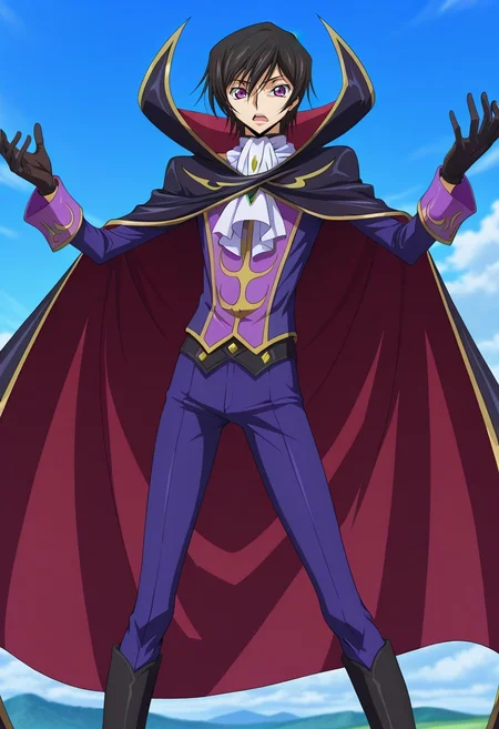 masterpiece, best quality, intricate details, anime screencap, anime coloring, official style, looking at viewer, 1boy, solo, male focus, <lora:lelouch_lamperouge_ilxl:0.96>, lelouch_lamperouge, black hair, purple eyes, hair between eyes, bangs, short hair, , cape, ascot, gloves, eyes wide, hands raised, surprised expression, standing pose, bright colors, Seersucker pants, Jacquard Western shirt, Chukka boots, ,