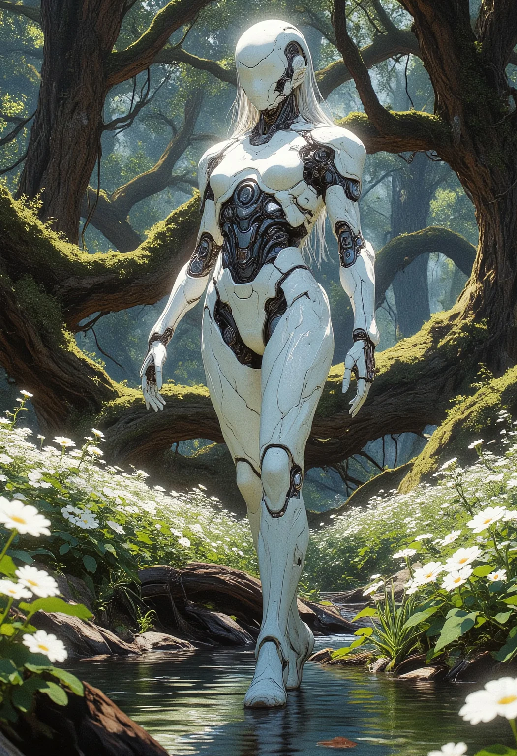 A sleek, futuristic female android walking through a mystical forest, surrounded by delicate white flowers. Her body is made of smooth white metal with intricate cybernetic details. The scene is cinematic, with a soft ethereal glow and deep reflections in the water. The background consists of ancient, moss-covered trees, creating a contrast between advanced technology and untouched nature. Highly detailed, ultra-realistic, cinematic lighting, 8K render, volumetric fog,