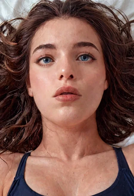 score_9, Raw Photo, (portrait from below:1.2), 4ng3l face, blue eyes looking up thoughtfully, brown hair falling back:1.1, defined jawline from below, high cheekbones, soft parted lips:1.2, no smile:1.4, hopeful yet sad expression, flawless skin with upward lighting:1.2, perfect face symmetry:1.2, ultra sharp facial details:1.4, tech suit neckline prominent, dramatic uplighting:1.3, cinematic color grading, sharp details:1.4, realistic skin texture:1.4, super detailed, photo realistic, masterpiece
