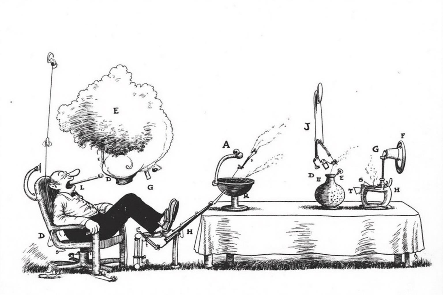 rugo1 illustration. 
The scene depicts a man with a large, exaggerated head and a small body, reclining in a chair. He sitting a chari with his mouth open. On the right is a long table with some grilling machine on top.
 <lora:rugo1_cap_d6a3e11:1.0><lora:828771531262865312:0>
