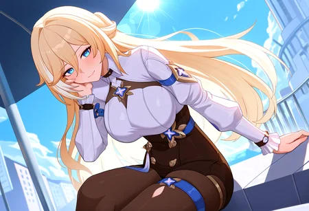 very awa, masterpiece, best quality, year 2024, newest, highres, absurdres, <lora:age_slider_v4:3> <lora:thicc_v1.4-pony:1.2>,detailed_background,outdoors,honkai impact 3rd,streaked hair,durandal \(honkai impact\),blush,closed mouth,blue eyes,honkai \(series\),highres,multicolored hair,blonde hair,quelang,white hair,absurdres,1girl