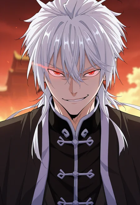 masterpiece, best quality, amazing quality,high resolution,intricate details,official style,depth of field,anime screencap , , , 1boy, solo, male focus,<lora:zhou_yi-fan:0.82>,zhuo-yi fan,white hair,hair tails,long hair,red eyes, looking at viewer,hair between eyes,upper body, outdoors,smirk,glowing eyes,multicolored robe,mouth open,Chinese clothes,ribbon,black and white gradient,white bordered,portrait