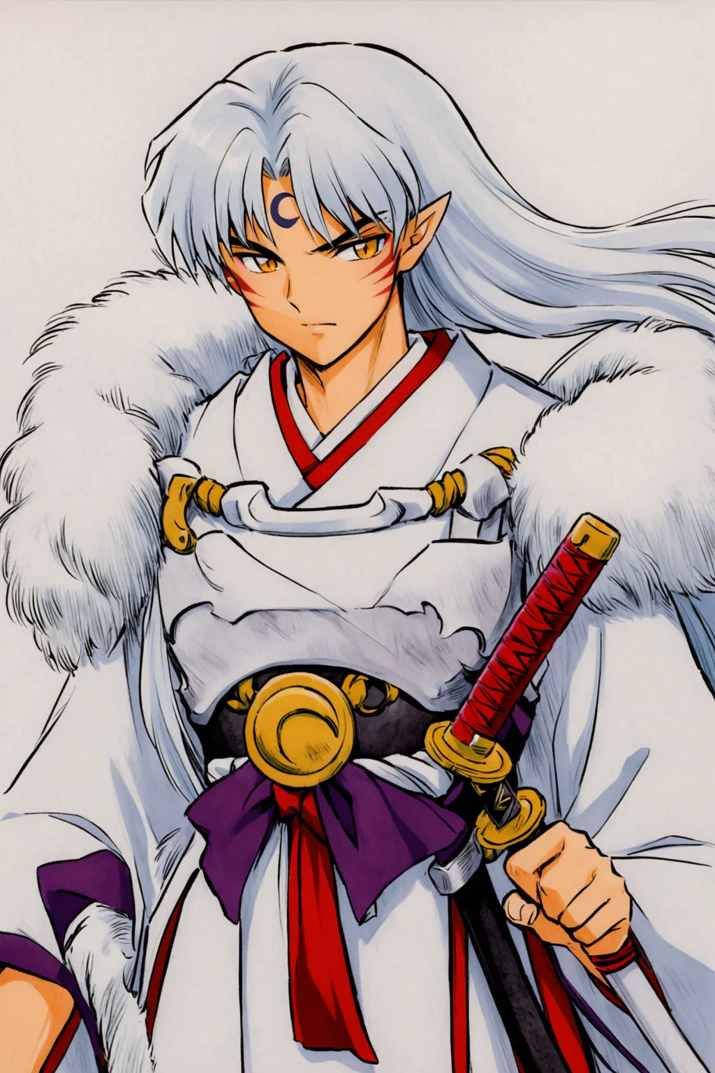 Sesshoumaru,1boy,long hair,male focus,solo,weapon,sword,facial mark,pointy ears,armor,forehead mark,white hair,japanese clothes,yellow eyes,white background,simple background,fur,crescent,katana,sheathed,sheath,traditional media,<lora:Takahashi Rumiko_XL:0.8>,