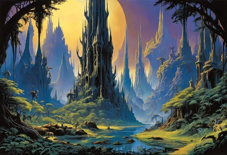 Alien river valley landscape in the style of Syd Mead, fantastic towering spires with graceful curves arching up into the sky, (Rodney Matthews:1.9), alien creatures, abundant strange foliage, extreme contrast, intense colors, (chiaroscuro:1.9), ultra resolution, dramatic lighting casting shadows and highlights, <lora:add-detail-xl:0.75>, <lora:xl_more_art-full_v1:0.5>