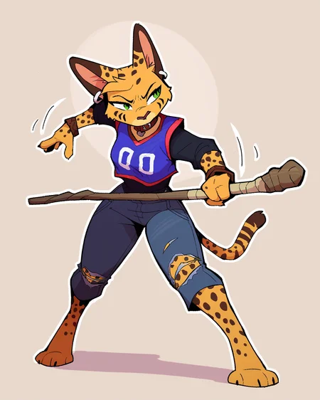 score_9_up, score_8_up, score_7_up, score_6_up, by remanedur, medium breasts, brown choker, serval, green eyes, female, tail, 4 fingers, holding object, holding weapon, bo staff, suspended in midair, holding melee weapon, motion lines, narrowed eyes, jersey, ear piercing, brown bracelet, bracelet, collar, denim bottomwear, denim jeans, foreshortening, ripped jeans, brown ears, brown spots, facial markings, topwear, tail, solo, action pose, three-quarter view, head tilt, simple background, white outline, <lora:Leah_Pines(AIM)_XL_v1:0.15> <lora:PDXL_artist_tags_v2_big:0.5> <lora:The-Minuscule-Task_PDXL_v1.0:0.6> <lora:Pepper_Paminta_Ruffu:0.65>