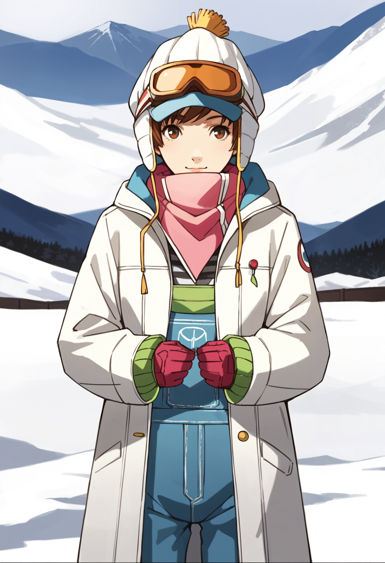 score_9, score_8_up, source_anime
1 girl, solo, cute face,
p4chie, satonaka chie, short hair, brown hair,
p4chie-ski, hat, goggles, goggles on head, scarf, pink scarf, coat, hood, gloves, pink gloves, overalls, 
outside, snowy, mountain, ski lift, cowboy shot,
masterpiece, best quality, ultra detailed,