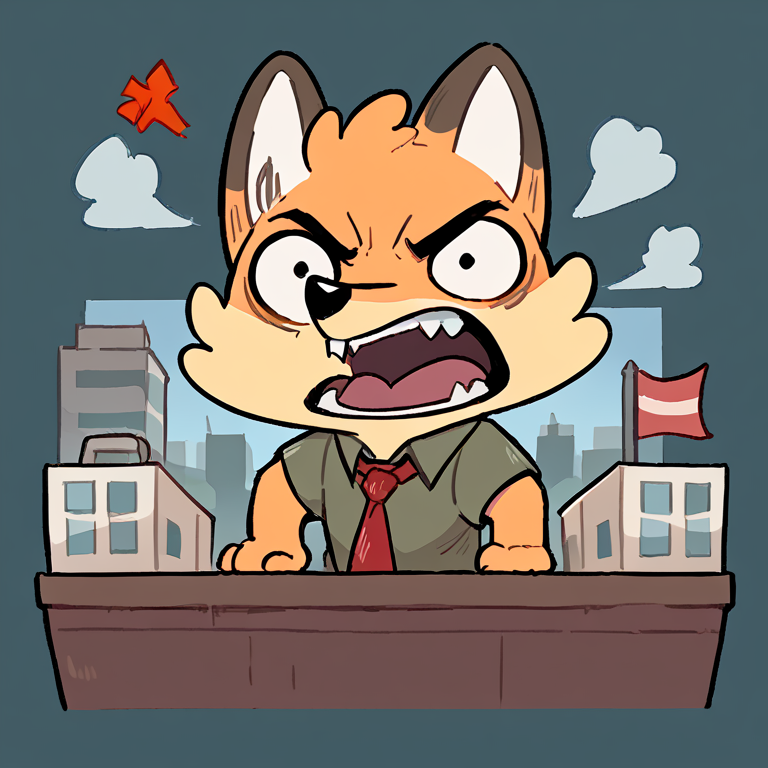 score_9, score_8_up, score_7_up, rating_safe, high quality, hires, furry, male, fox, Ron, solo, shirt, necktie, chibi, open mouth, angry, <lora:Ron_r1-1.5:1>, city