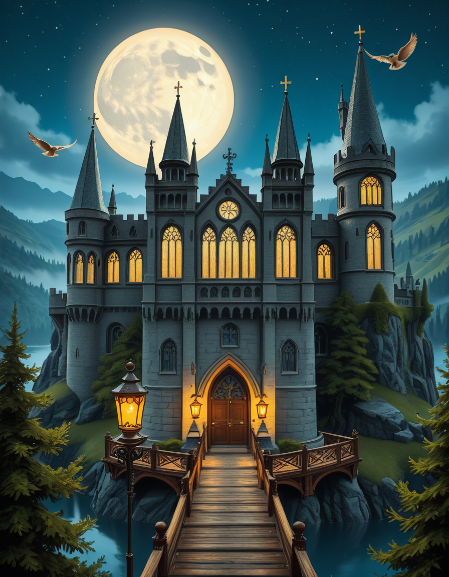 A majestic, ancient castle perched on a rocky hill, serving as a prestigious school for young wizards. The castle is a grand structure with towering spires, intricate gothic architecture, and large stained-glass windows that glow with magical energy. The stone walls are covered in ivy, and enchanted lanterns float around the entrance, casting a soft, mystical glow. A massive wooden bridge leads to the main gate, suspended over a misty, enchanted lake that reflects the moonlight. In the background, rolling green hills and dense, fog-covered forests surround the school, adding an air of mystery. The sky is a deep twilight blue, with stars twinkling and a full moon shining brightly. Some windows in the castle emit warm, golden light, hinting at classrooms filled with spellbooks and students practicing magic. A few owls are seen soaring above, delivering messages. The atmosphere is magical, mysterious, and full of wonder, as if the castle itself is alive with enchantments.
<lora:SDXLFaeTastic2400:0.4> <lora:extremely_detailed:0.4> extremely detailed,ancient c4stl3, <lora:ancient_c4stl3-i:1>, Masterpiece,best quality,hi res,8k,hi res,8k,award winning,(sharp focus, intricate, highly detailed),