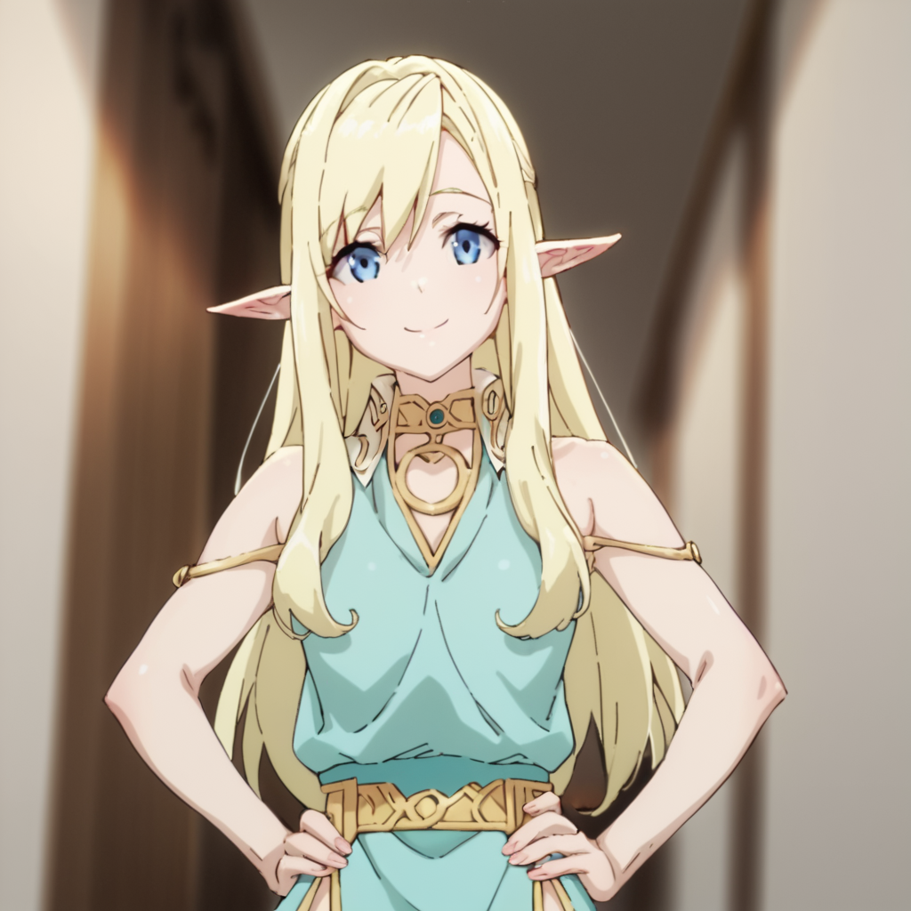 score_9, score_8_up, score_7_up, score_6_up, score_5_up, score_4_up, source_anime, , Rutina, long hair, blue eyes, blonde hair, pointy ears, elf, , soft smile, standing, hands on hips