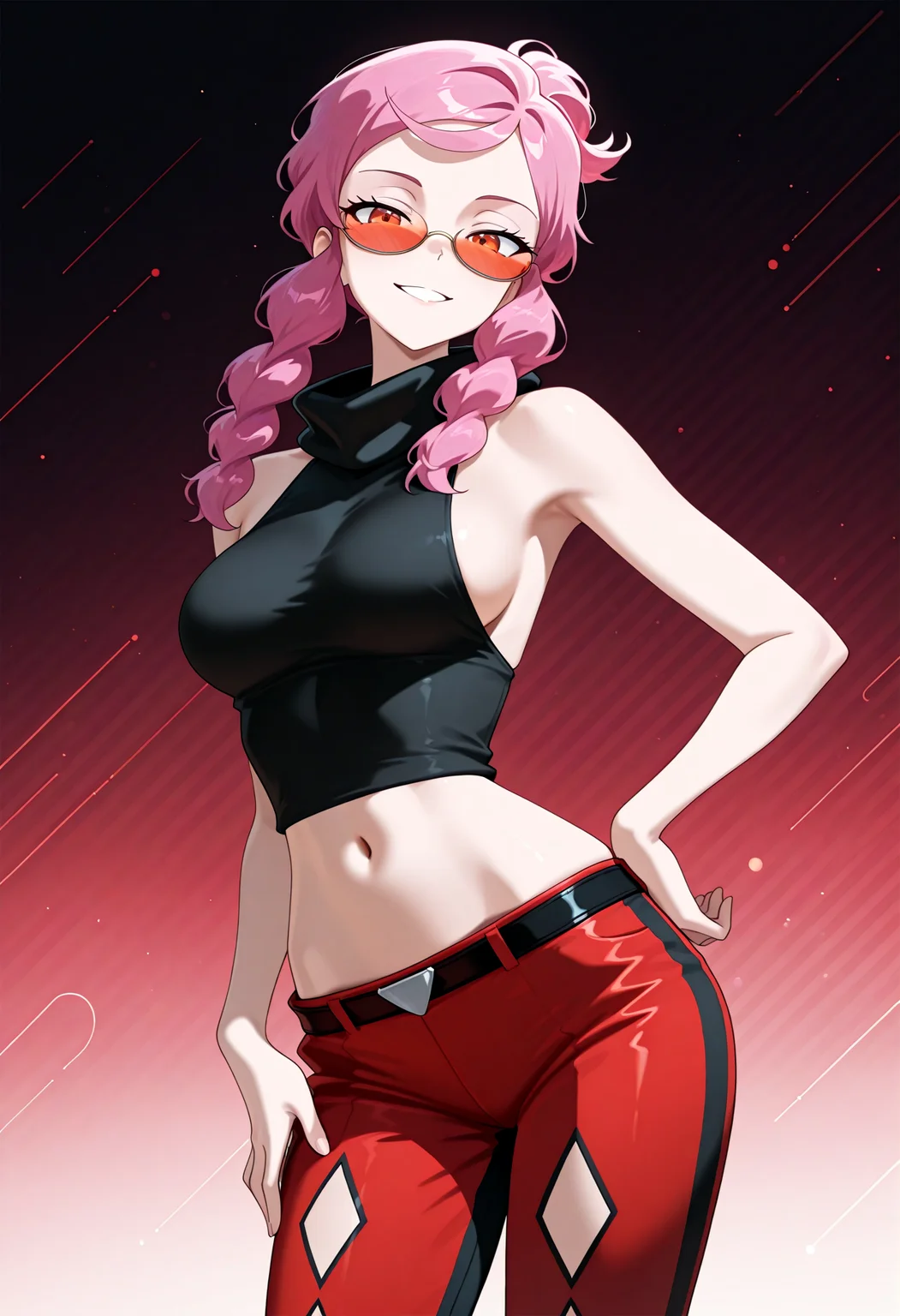 otokakoto, 1girl, solo, m4lva, upper body, tinted glasses, black crop top, turtleneck, midriff, red pants, belt, grin, looking at viewer, (wide hips), hands on hips, hand on thigh, posing, sideboob:0.5, abstract background, absurdres, newest, masterpiece, top quality, official art, best quality, beautiful and aesthetic, very detailed, most detailed, <lora:MalvaPKMNXY:1> <lora:otokakotostyleIL:1>