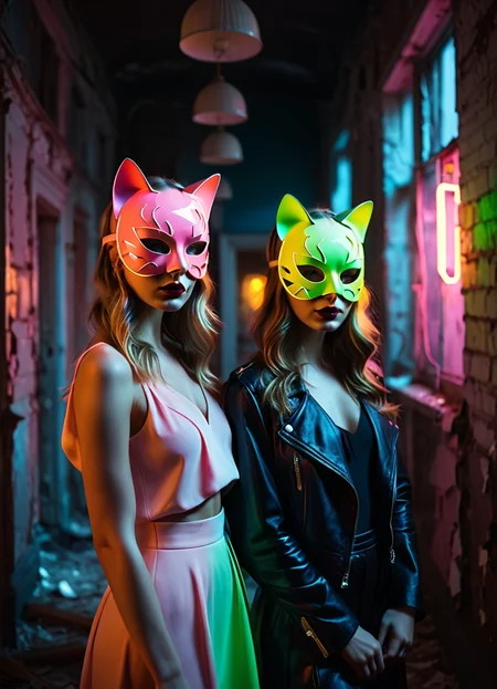 Ombre color scheme of neon pink, neon blue, neon yellow, neon green, neon orange, cinematic photo High Fashion, Pretty ladies in a dilapidated building wearing cat masks, for some reason...<lora:br1ghtXLP:0.7> multicolored <lora:43stl1ght1ngXLP2:0.7> 43stl1ght1ng, low light, dramatic lighting, darkness, neon, spotlight, dynamic, dramatic, haute couture, elegant, ornate clothing, High Fashion, 35mm photograph, film, bokeh, professional, 4k, highly detailed, detailed skin texture, (blush:0.5), (goosebumps:0.5), subsurface scattering