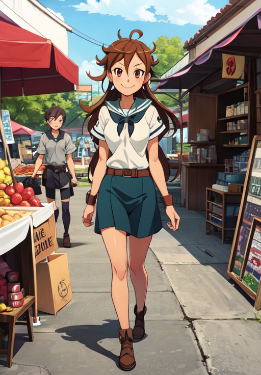 <lora:gate_ael:0.8>, gate_ael, smile, walking, market